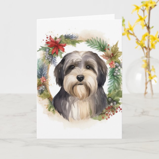 Tibetansk Terrier Julkrans Festlig Valp Kort (Gul blomma)