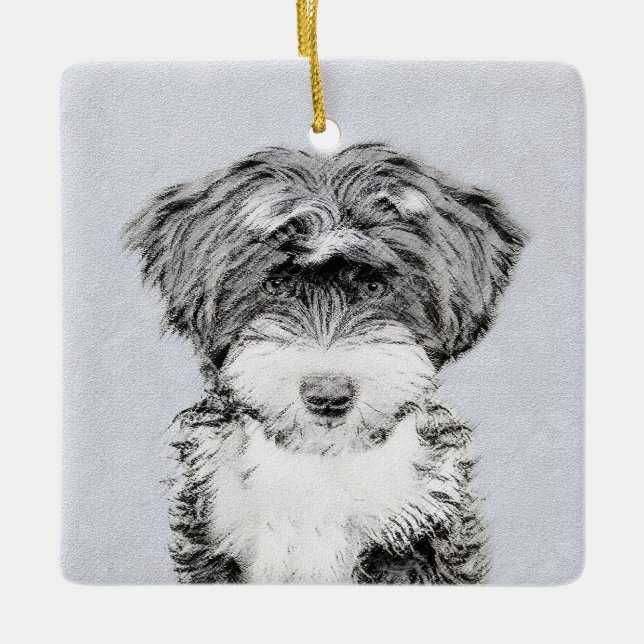 Tibetansk terrier-målning - Cute Original Hund Art Julgransprydnad Keramik (Framsida)