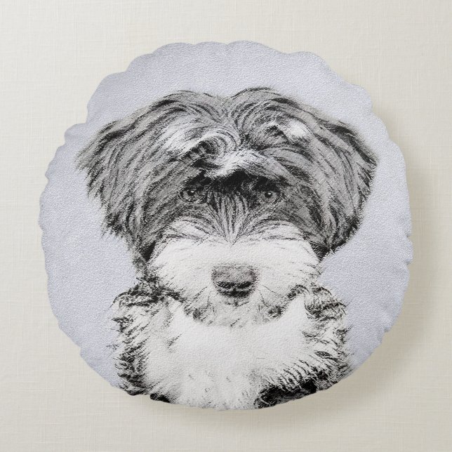 Tibetansk terrier-målning - Cute Original Hund Art Rund Kudde (Framsidan)