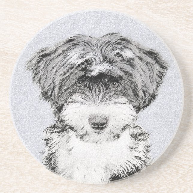 Tibetansk Terrier-målning - Söt Original Hundkonst Underlägg Sandsten (Framsidan)