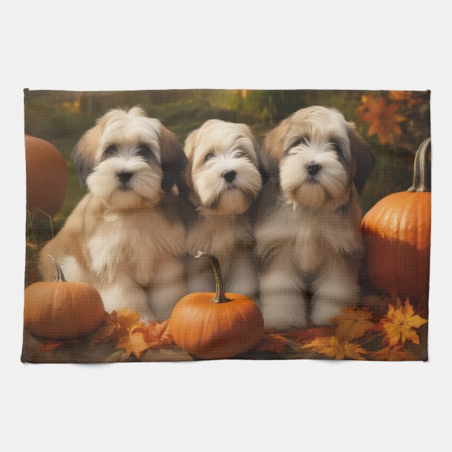 Tibetansk terrier Puppy Autumn Delight Pumpkin Kökshandduk (Horisontell)