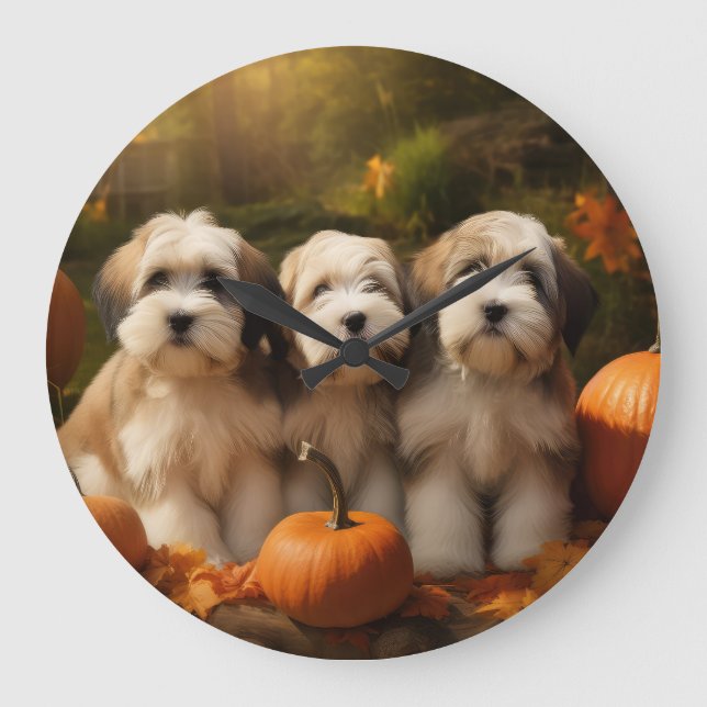 Tibetansk terrier Puppy Autumn Delight Pumpkin Stor Klocka (Framsida)