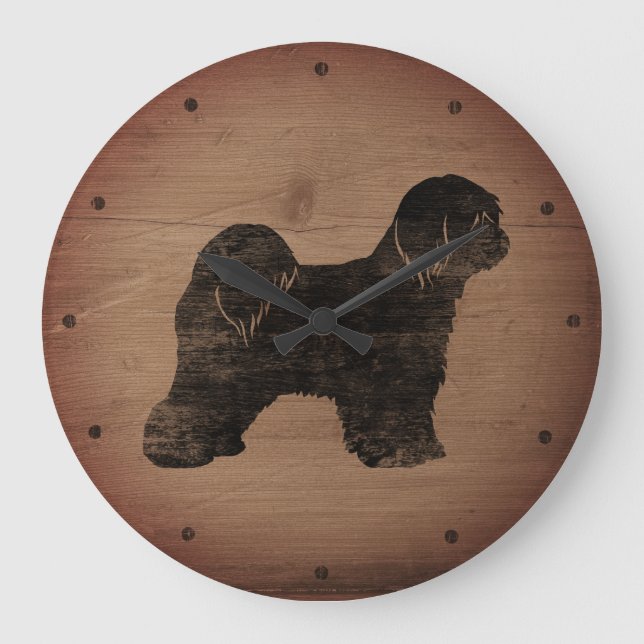 Tibetansk Terrier Silhouette Rustic Stor Klocka (Framsida)