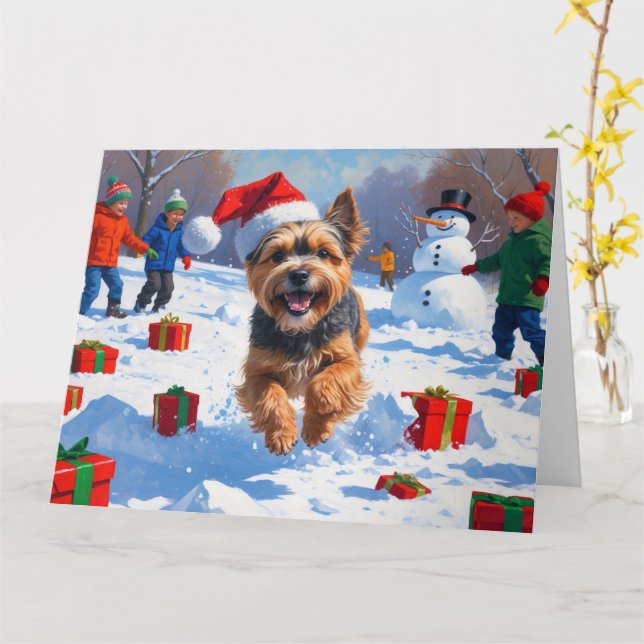 Tibetansk Terrier Springar i Snö med Julhatt Kort (Gul blomma)