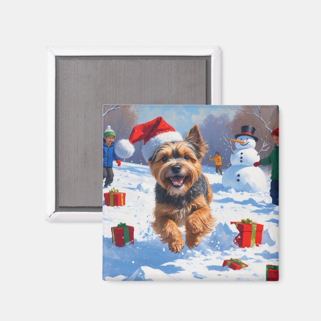 Tibetansk Terrier springer i snö med julhatt Magnet (Front/Back)