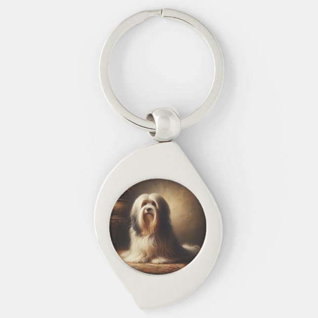 Tibetansk terrier swirl silverfärgad nyckelring (Framsidan)