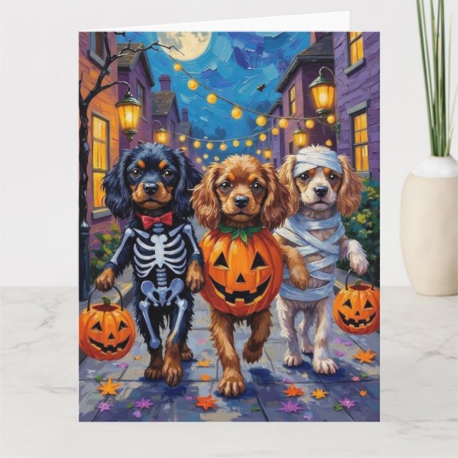 Tibetanska Spaniel Hundar i Halloween Kostymer Kort (Framsida)