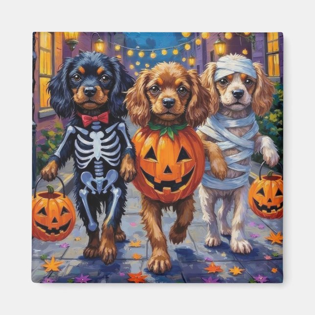 Tibetanska spanskspråkiga Hundar i Halloween Costu Magnet (Framsidan)
