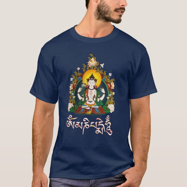 Tibetant Buddha Amitabha Om Mani Padme mummel Tee Shirt (Framsida)