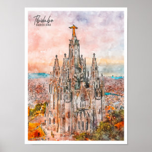 Tibidabo Barcelona vintage resor vattenfärg Poster