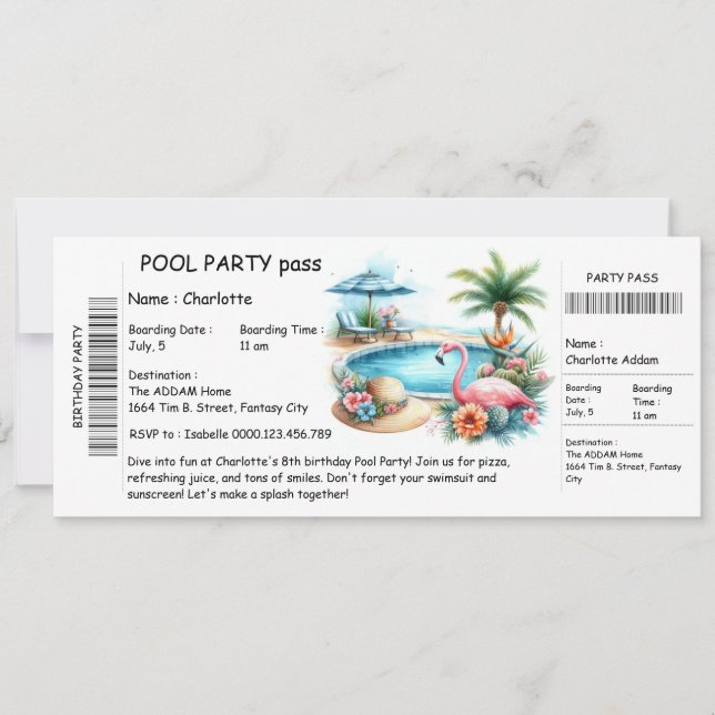 Ticket-Style Pool Party Invitation – Birthday Bash Inbjudningar (Framsida)