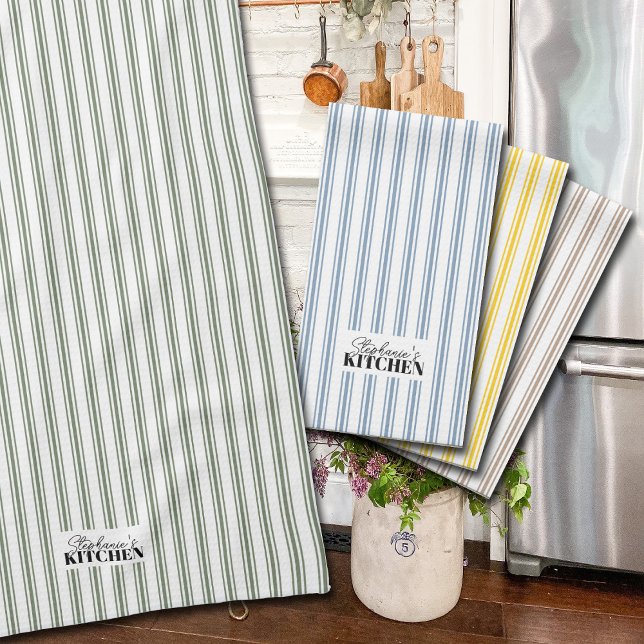 Ticking Stripe Vintage Farmhouse Sage Kökshandduk (Vintage ticking stripes in sage green will add a touch of charm to your kitchen design. 
)