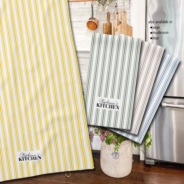 Ticking Stripe Vintage Farmhouse Yellow Kökshandduk (Add a touch of vintage charm to your kitchen decor with these vintage ticking stripe towels.)