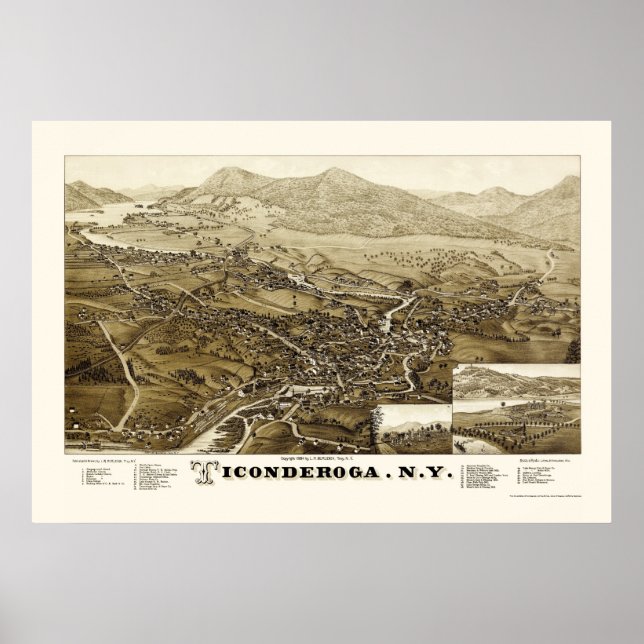 Ticonderoga, NY Panoramic Karta - 1884 Poster (Framsidan)