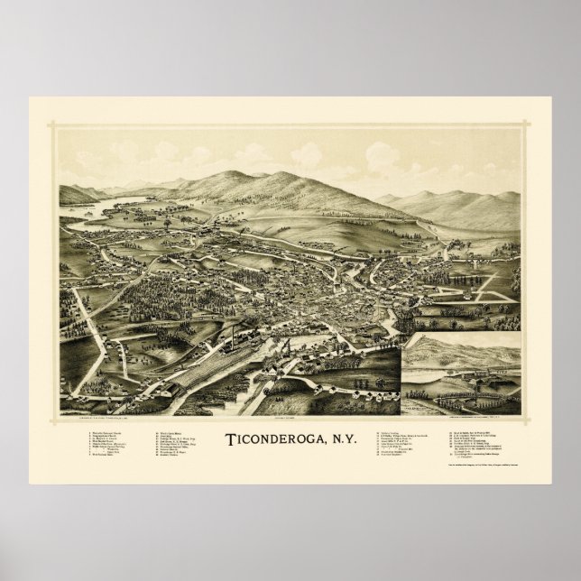 Ticonderoga, NY Panoramic Karta - 1891 Poster (Framsidan)