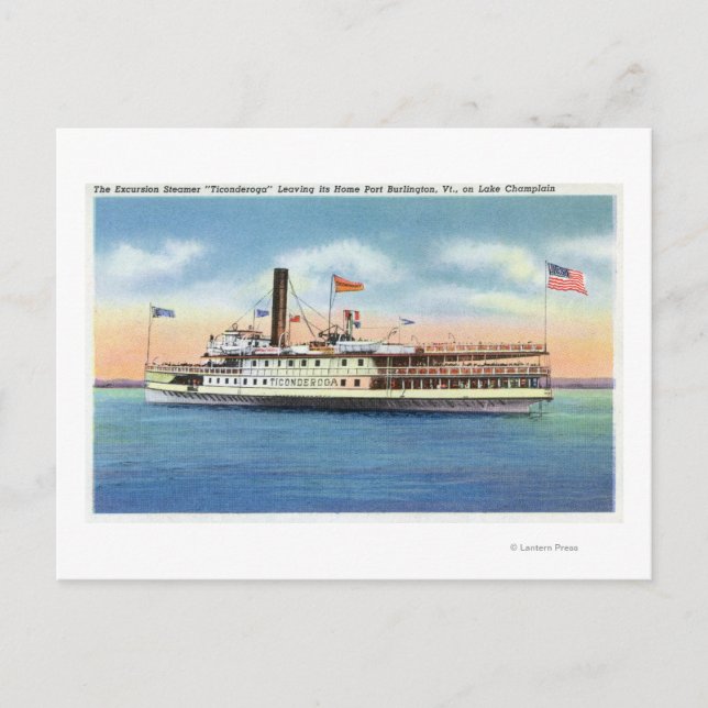 Ticonderoga Steamer Lämnande Port Burlington Vykort (Framsida)