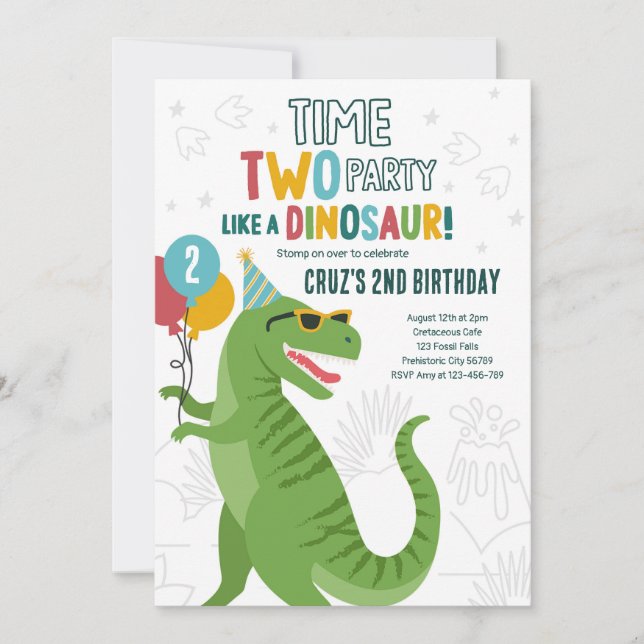 Tid 2 Party Dinosaur T-Rex 2:a födelsedagen Party Inbjudningar (Framsida)