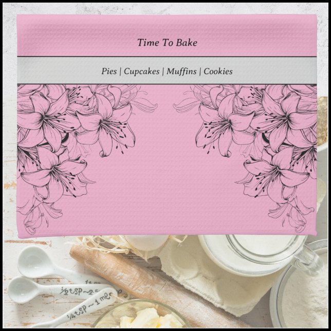 Tid att baka Rosa och Svart Kökshandduk (Time to Bake Pink and Black Kitchen Towel)