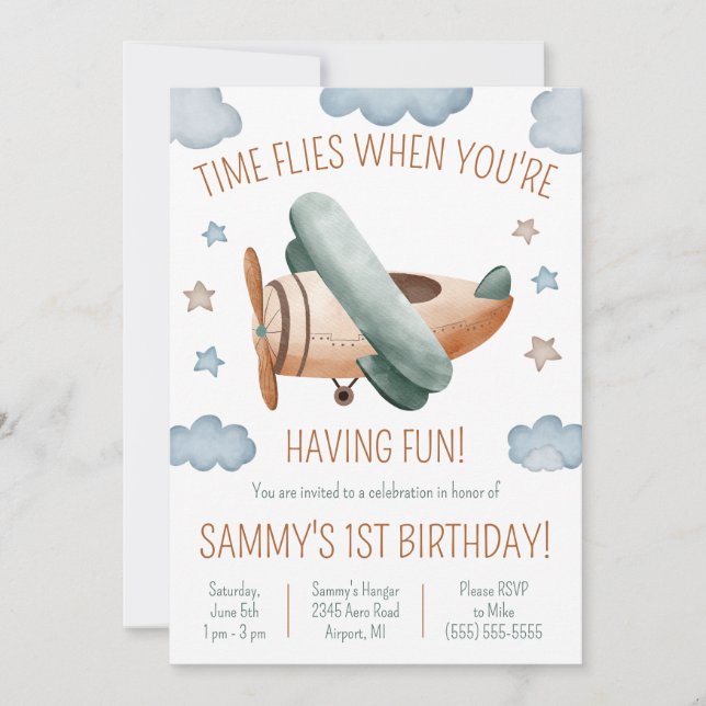Tid flyter när du har Roligt Biplan Birthday Inbjudningar (Framsida)