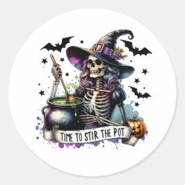 Tid för att röra om i Pot Skeleton Witch Runt Klistermärke