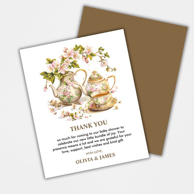 Tid för blommigt för TeBaby Shower - tack för ditt (Time for Tea Spring Baby Shower Thank You Card | A Baby is Brewing Spring Baby Shower Thank You Card)