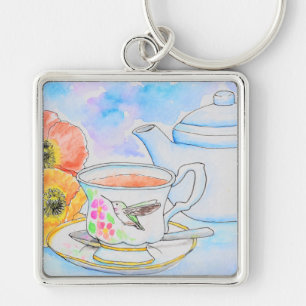 Tid för färgmålning av Tea Watercolor Fyrkantig Silverfärgad Nyckelring