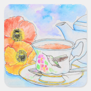 Tid för färgmålning av Tea Watercolor Fyrkantigt Klistermärke