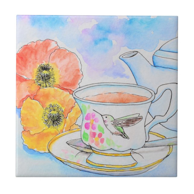 Tid för färgmålning av Tea Watercolor Kakelplatta (Framsidan)