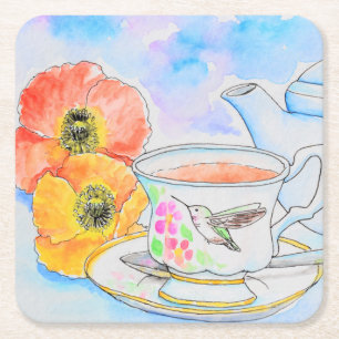 Tid för färgmålning av Tea Watercolor Underlägg Papper Kvadrat