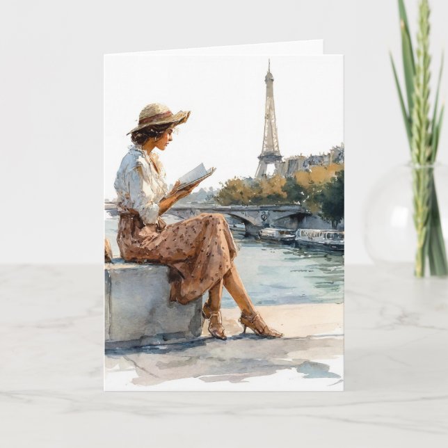 Tid för läsning i Paris i vattenfärger Kort (Framsida)