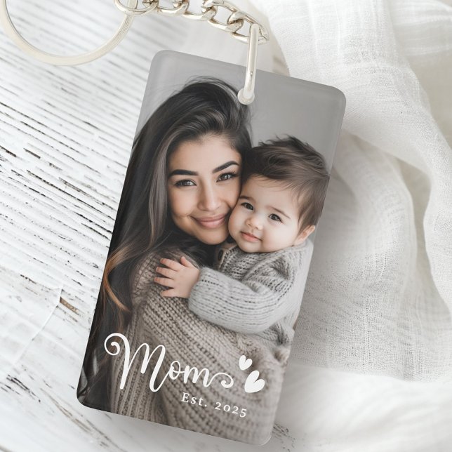 Tid för överlägg av mamma nyckelring (Mom est year hearts overlay photo keychain)