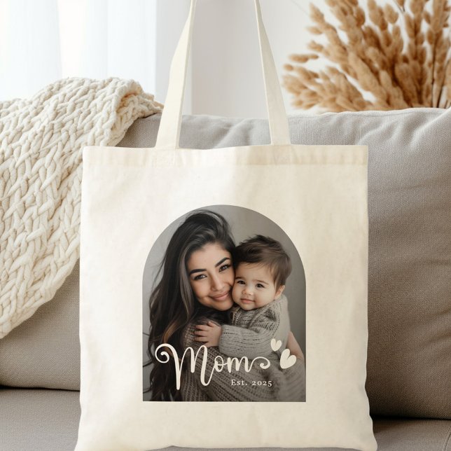 Tid för överlägg av mamma tygkasse (Mom est year hearts overlay photo tote bag)