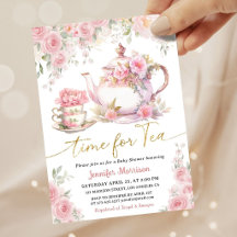 Tid för te baby shower flicka guld rosa blommig