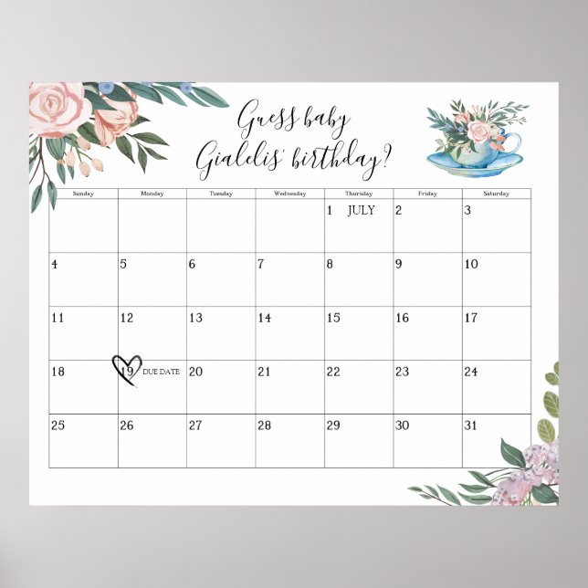 Tid för Te Baby Shower förfallodatum Gissa Poster (Framsidan)