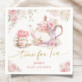 Tid för te baby shower rosa blommig papper pappersservett