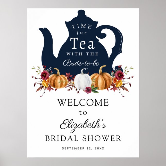 Tid för Tea Autumn Pumpkin Bröllopsfest Välkommen Poster (Framsidan)