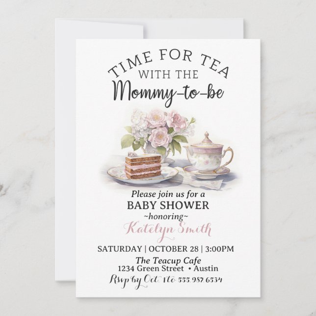 Tid för tea Baby Shower Blommigt Tea Time Inbjudningar (Framsida)