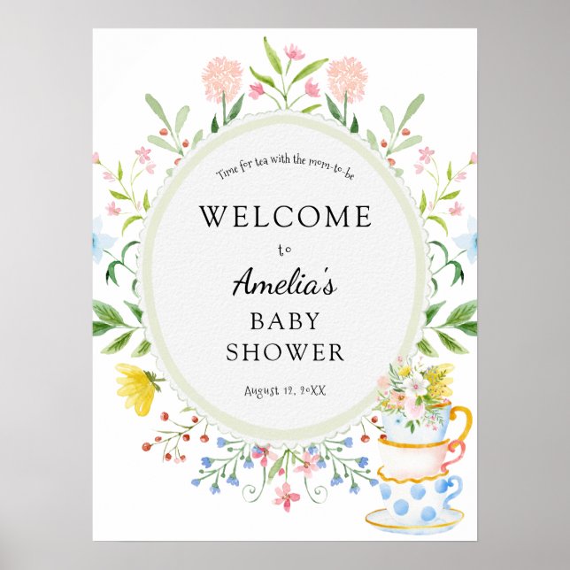 Tid för Tea Baby Shower Wildblomma Poster (Framsidan)