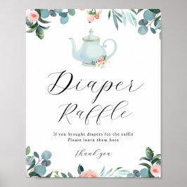 Tid för Tea Blue Blommigt Diaper Raffle Sign Poster