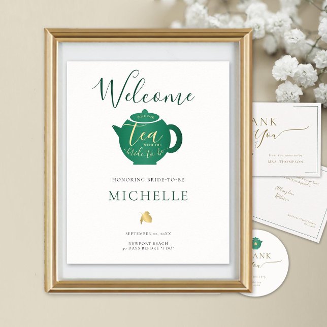 Tid för Tea Emerald Guld Möhippa Välkommen till  Poster (bridal tea welcome poster emerald gold calligraphy modern classic)