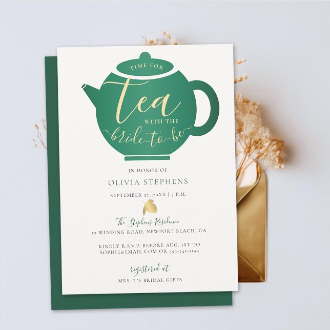 Tid för Tea med Bride Emerald Guld Möhippa Inbjudningar (time for tea with bride-to-be minimalist teapot elegant emerald gold bridal shower invitation chic)