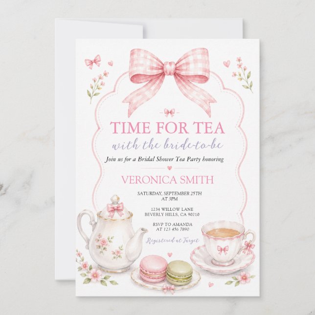 Tid för Tea Pink Bow Bröllopsdusch Inbjudningar (Framsida)