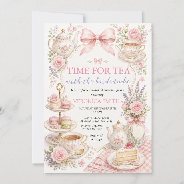 Tid för Tea Pink Floral Bröllopsdusch Inbjudningar (Framsida)