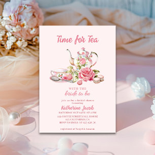 Tid för Tea Pink Floral Tea Party Bröllopsdusch Inbjudningar