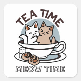 Tid för tea-tid - Cute Cat och Tea Design Fyrkantigt Klistermärke