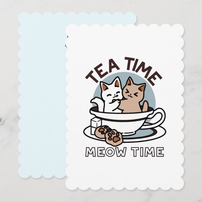 Tid för tea-tid - Cute Cat och Tea Design Inbjudningar (Fram/baksida)