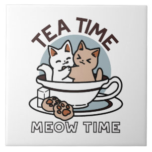 Tid för tea-tid - Cute Cat och Tea Design Kakelplatta