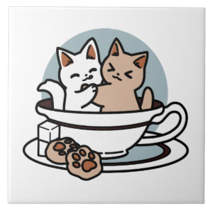 Tid för tea-tid - Cute Cat och Tea Design Kakelplatta