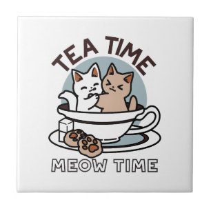 Tid för tea-tid - Cute Cat och Tea Design Kakelplatta