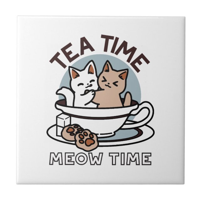 Tid för tea-tid - Cute Cat och Tea Design Kakelplatta (Framsidan)